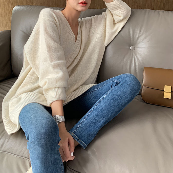 Inger | Klassieke gebreide V-hals trui voor dames – Losvallende pullover, warme kasjmiermix