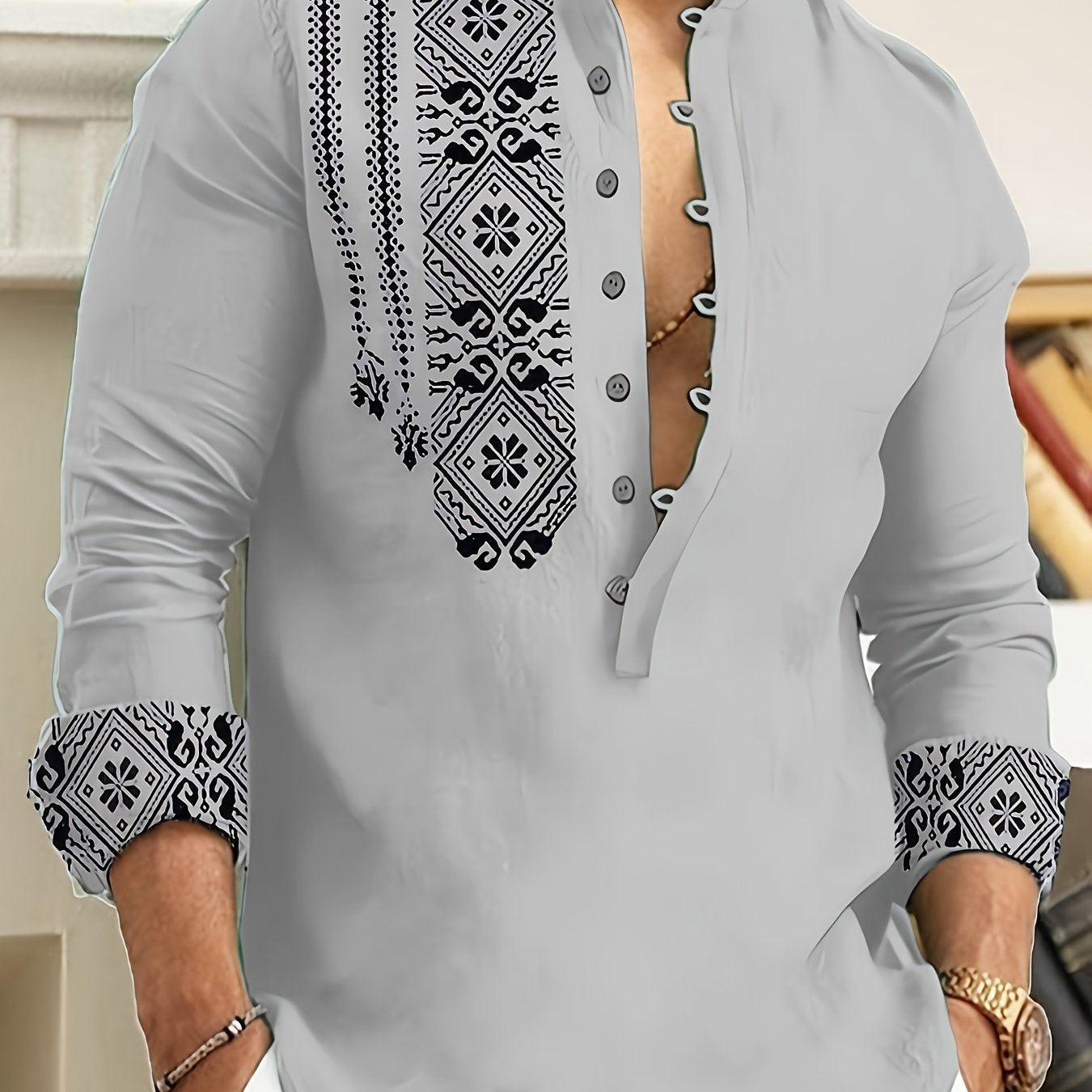 Valdemar | Heren Henley Overhemd met lange mouwen - Geometrisch patroon, Staande kraag