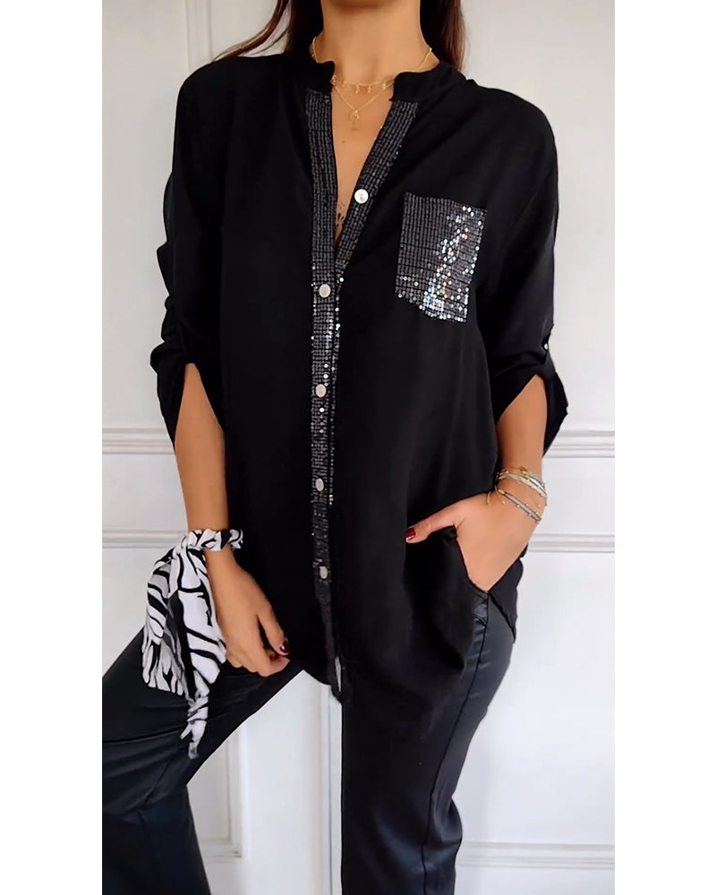 Stella | Elegante Pailletten Blouse - Casual Knoopsluiting Top met Verstelbare Manchetten