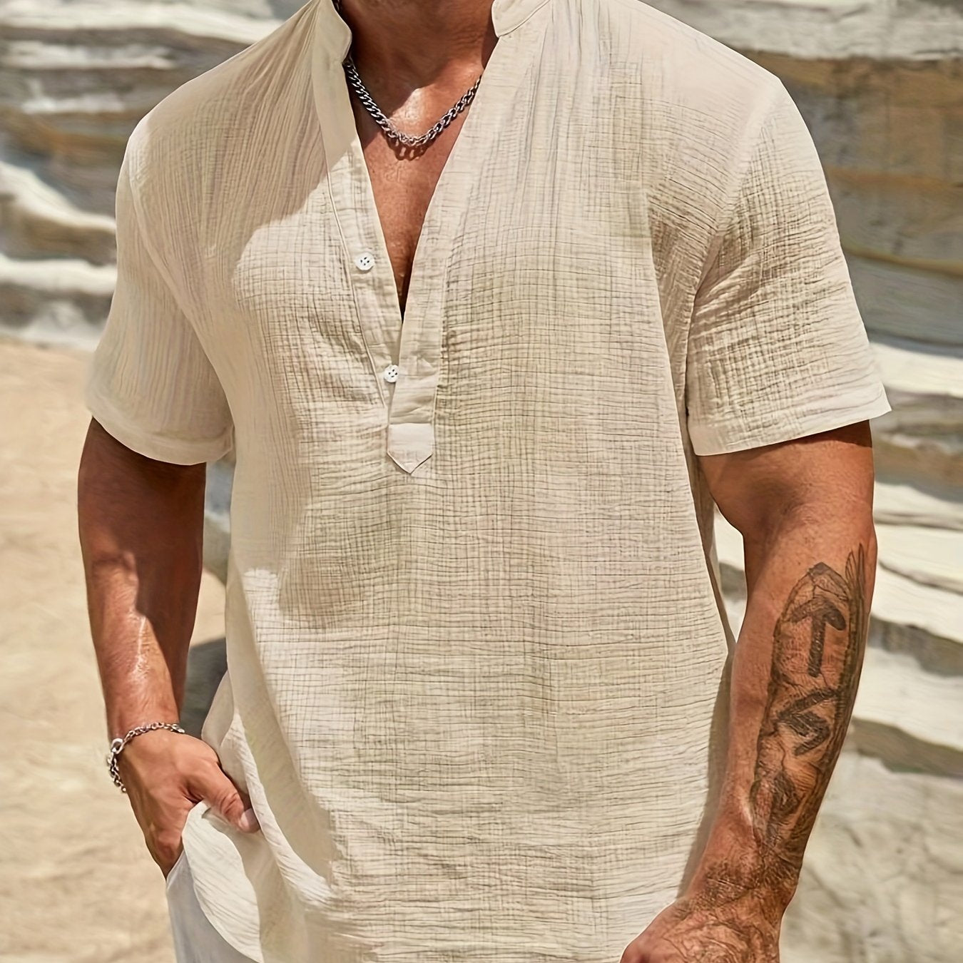 Artur | Casual katoenen herenhemd met Henley - korte mouwen, zomerstrandkleding