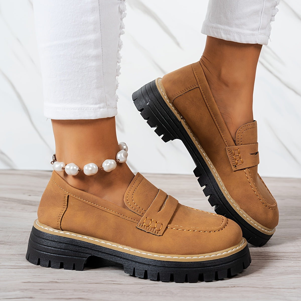 LoaferMax | Dames Retro Chunky Slip-On Loafers - Faux Leather Penny Loafers