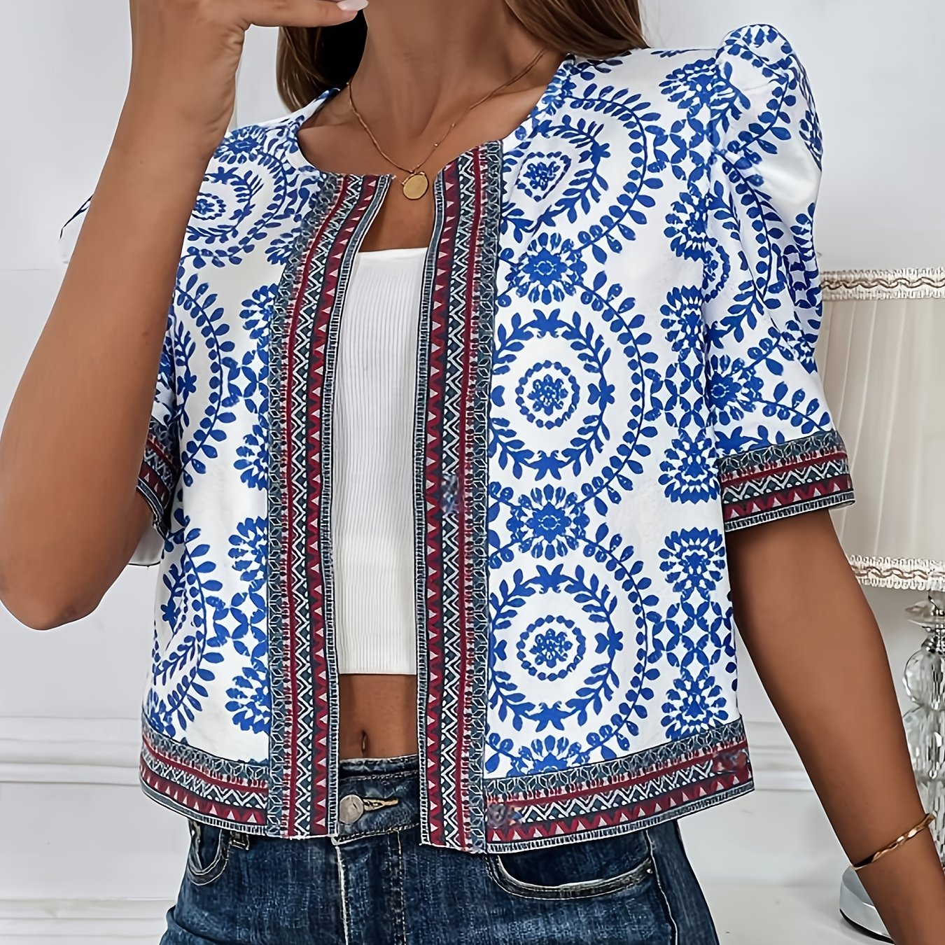 Sevdalina | Vrouwen Vintage Blouse met Geometrische Print - Blauw Wit Mandala Patroon