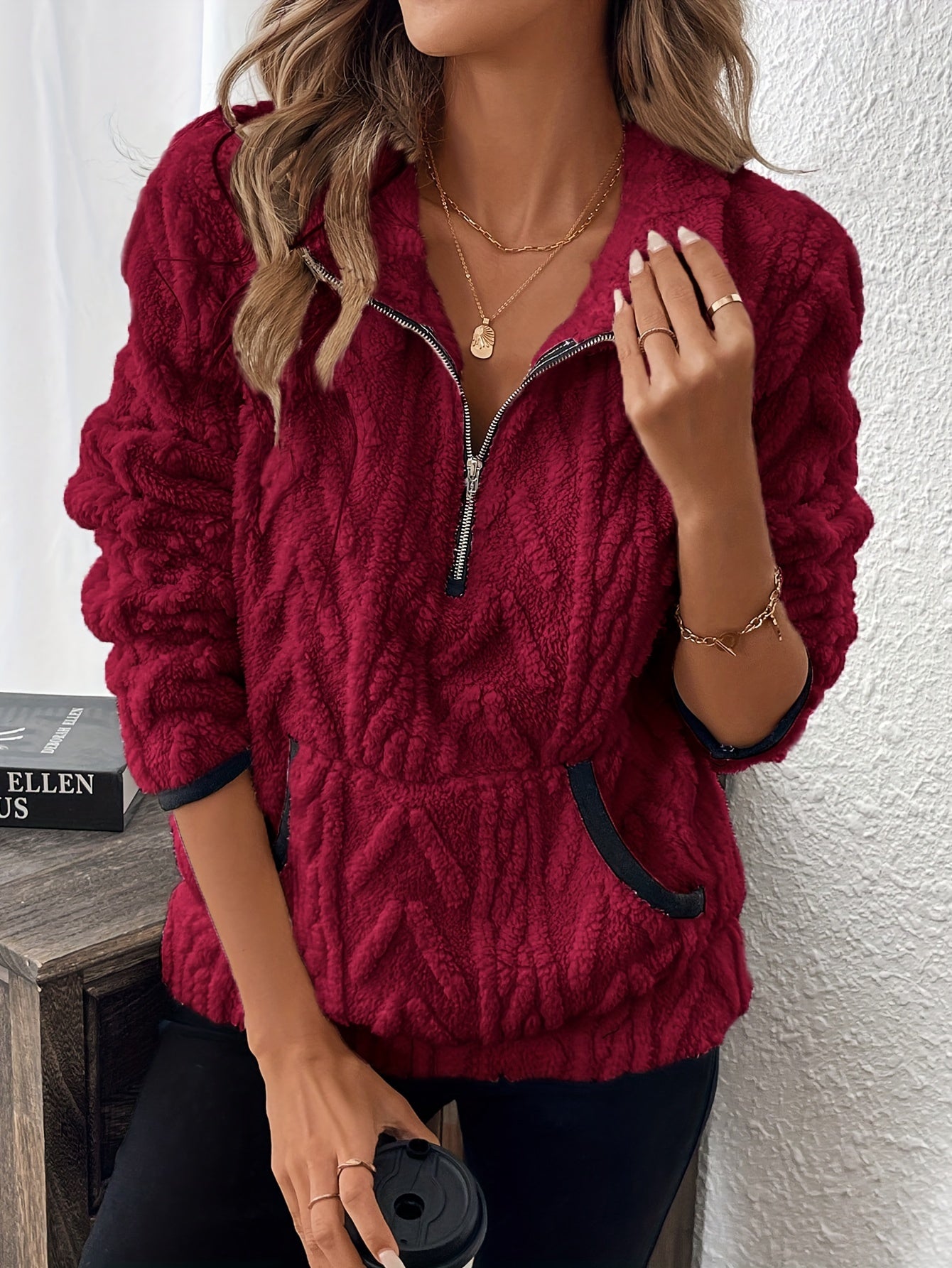 Evodia | Dames sweatshirt met pluizige stof, pullover met halve ritssluiting, casual comfortabele top met lange mouwen