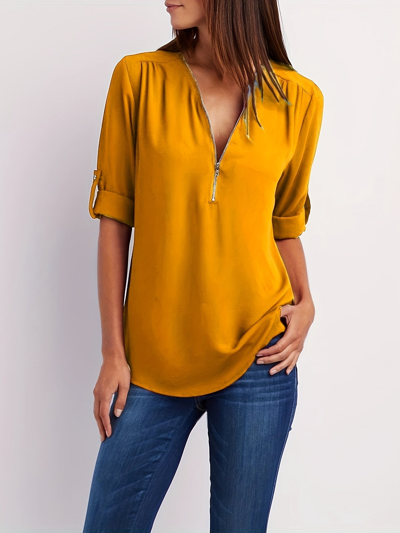 Veridiana | Damesblouse met V-hals en halve rits - Casual mouwen met gerimpelde mouwen, elegant en ademend
