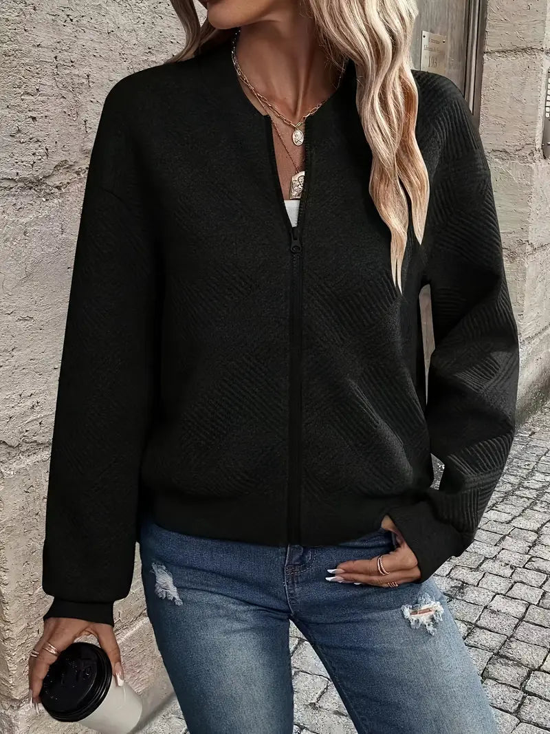 Alyana | Damesvest met ritssluiting en structuurbreisel – Sweaterjasje met lange mouwen en geribde zoom