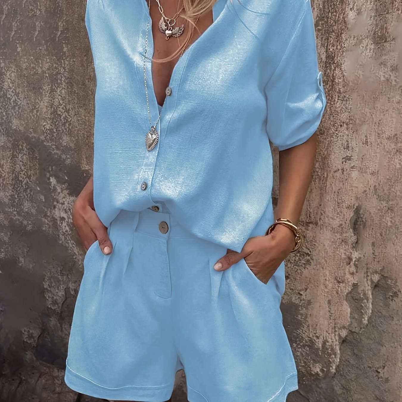 Elasha | Linnen tweedelige set voor dames - oversized overhemd met knoopsluiting & shorts