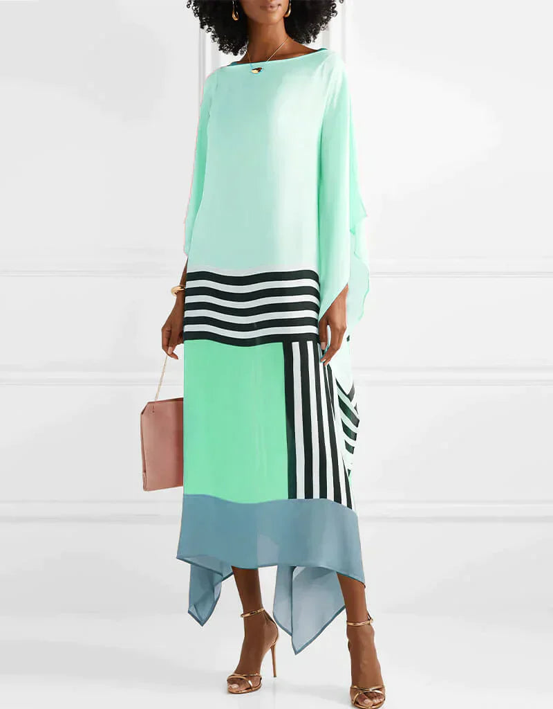 Galiana | Luxe gestreepte kaftan maxi jurk - lange mouwen, onregelmatige zoom, elegant dragen