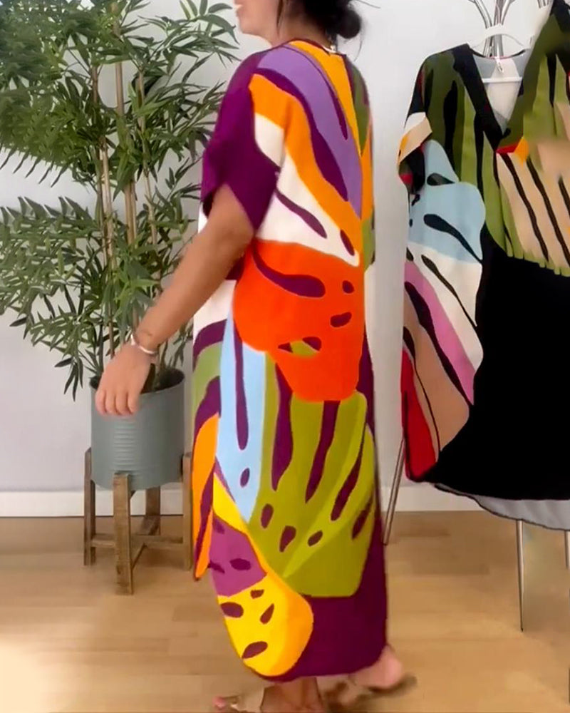 Elzbieta | Midi-jurk met V-hals en bladprint - korte mouwen, katoenmix