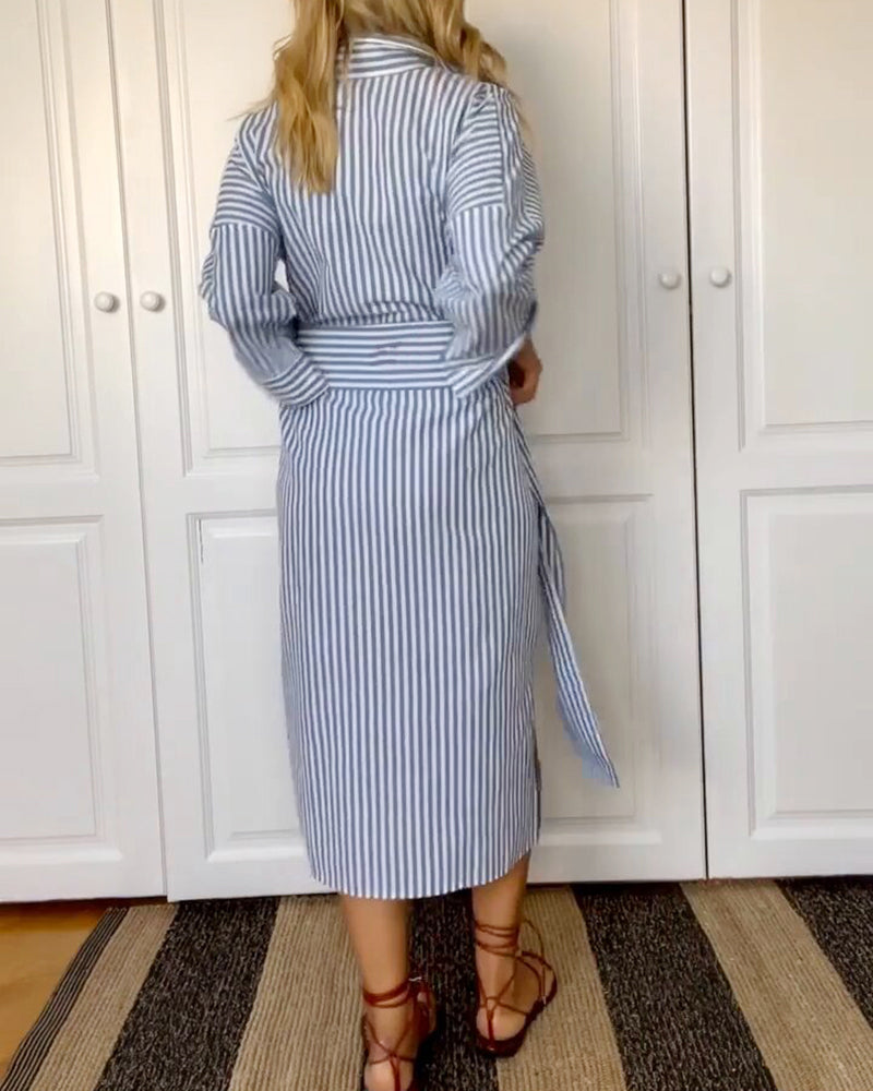 Roswitta | Hemdjurk met lange mouwen en riem, elegante casual Midi Hemdjurk voor vrouwen