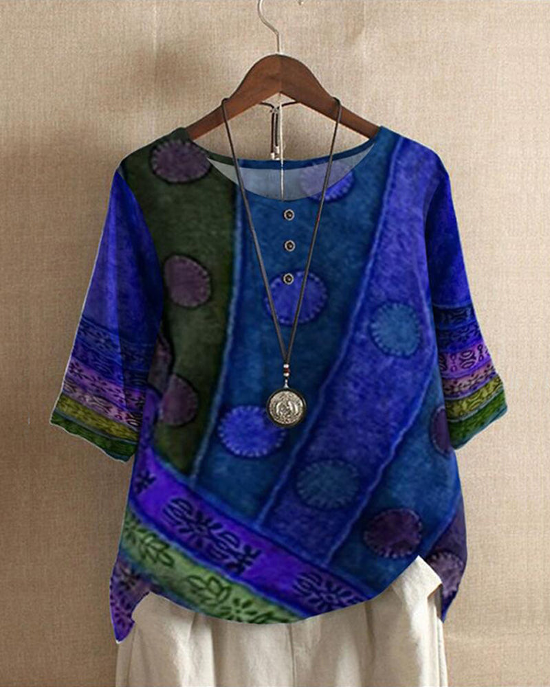 Johanne | Vintage Boho Print Top - Damestop met halve mouwen en losse pasvorm