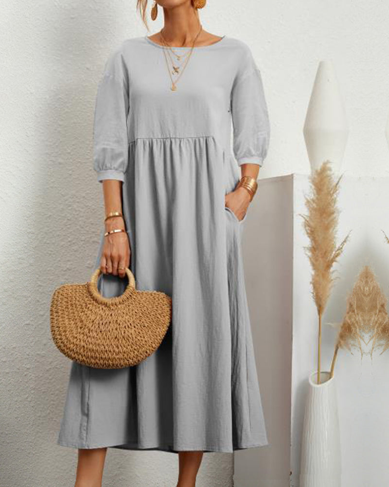 Tiana | Dames Midi-jurk van katoen en linnen - Ballonmouwen, Casual Boho Chic Jurk