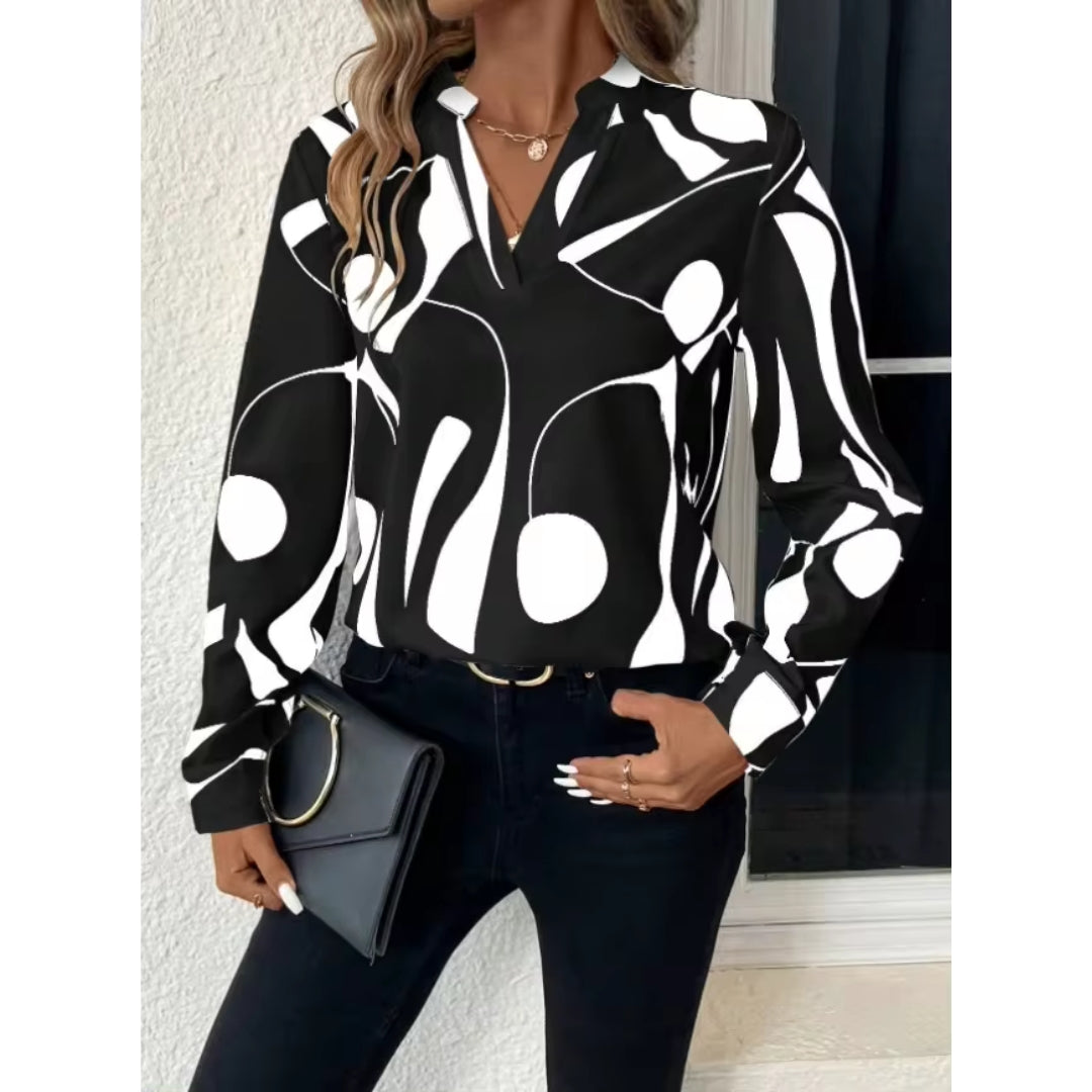 Fialith | Women's Geometric Abstract Print Long Sleeve V-Neck Blouse – Casual Loose-Fit Top