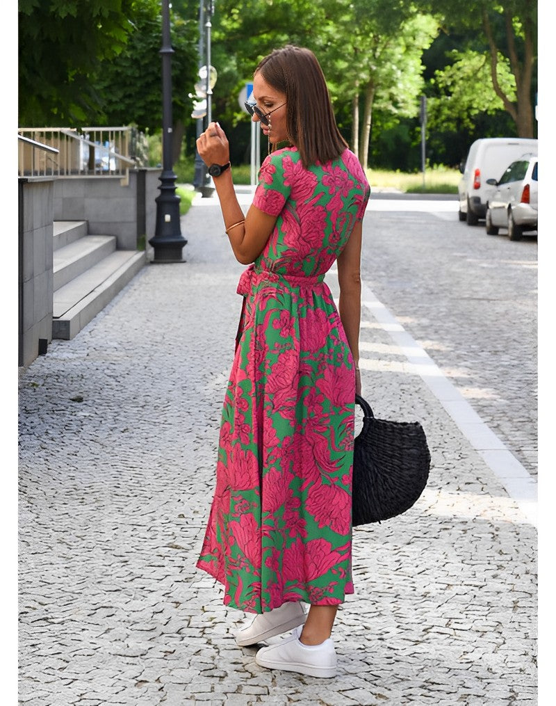 Bledina | Maxi jurk met levendige bloemenprint - Taillekoord, Lichtgewicht jurk