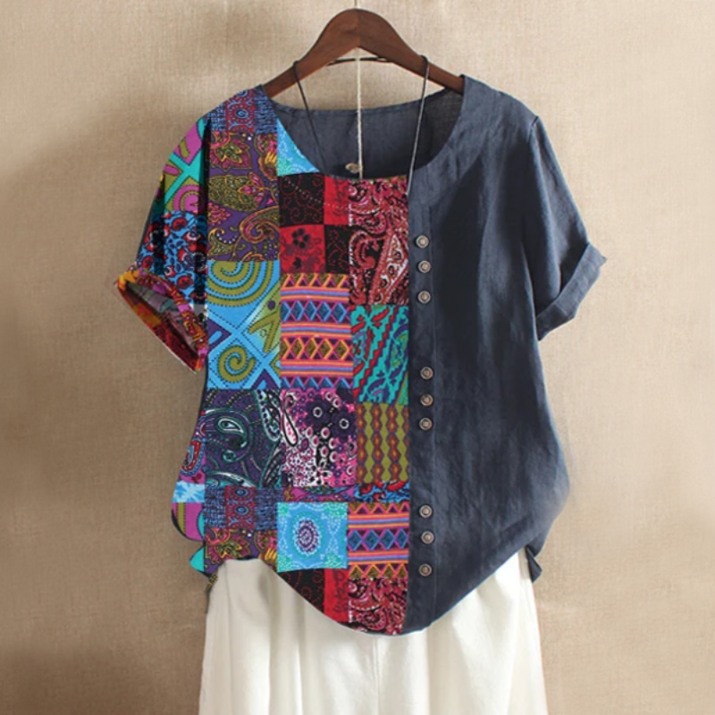 Natacha | Blouse met abstracte patchworkprint voor dames - korte mouwen, lichtgewicht