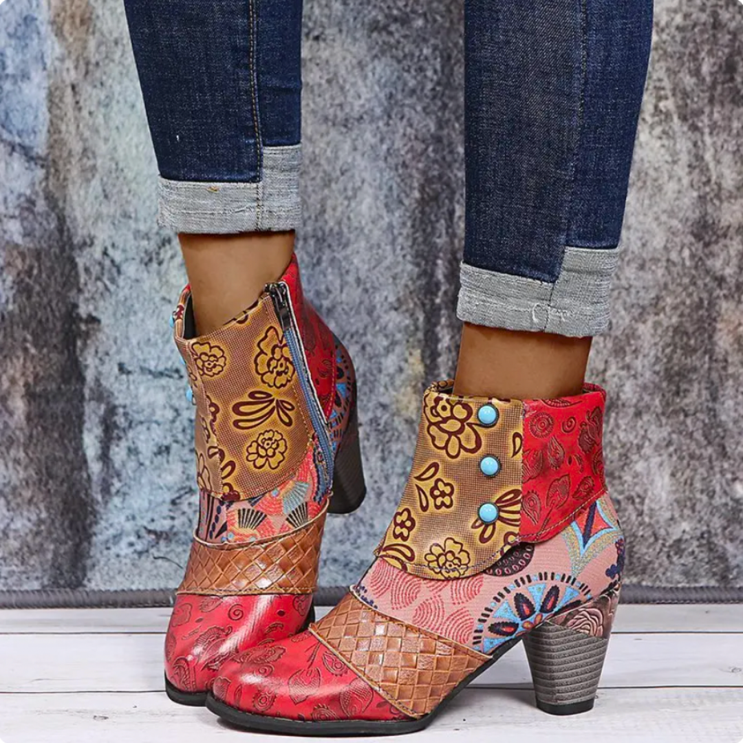 Folkiva | Kleurrijke Boho Patchwork Laarzen met Hak voor Vrouwen - Retro Enkellaarsjes met Ritssluiting