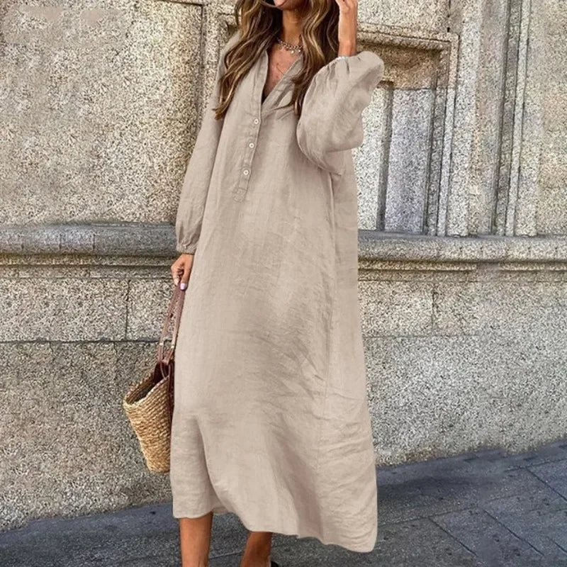 Enlyra | Linnen Midi-jurk met lange mouwen - Relaxed Fit, Lichtgewicht, Casual Zomerjurk