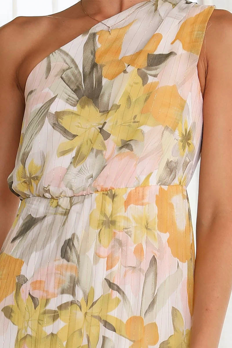 Primella | Mouwloze Bloemen Geplooide Maxi Jurk - Één-schouder Elegante Zomerjurk