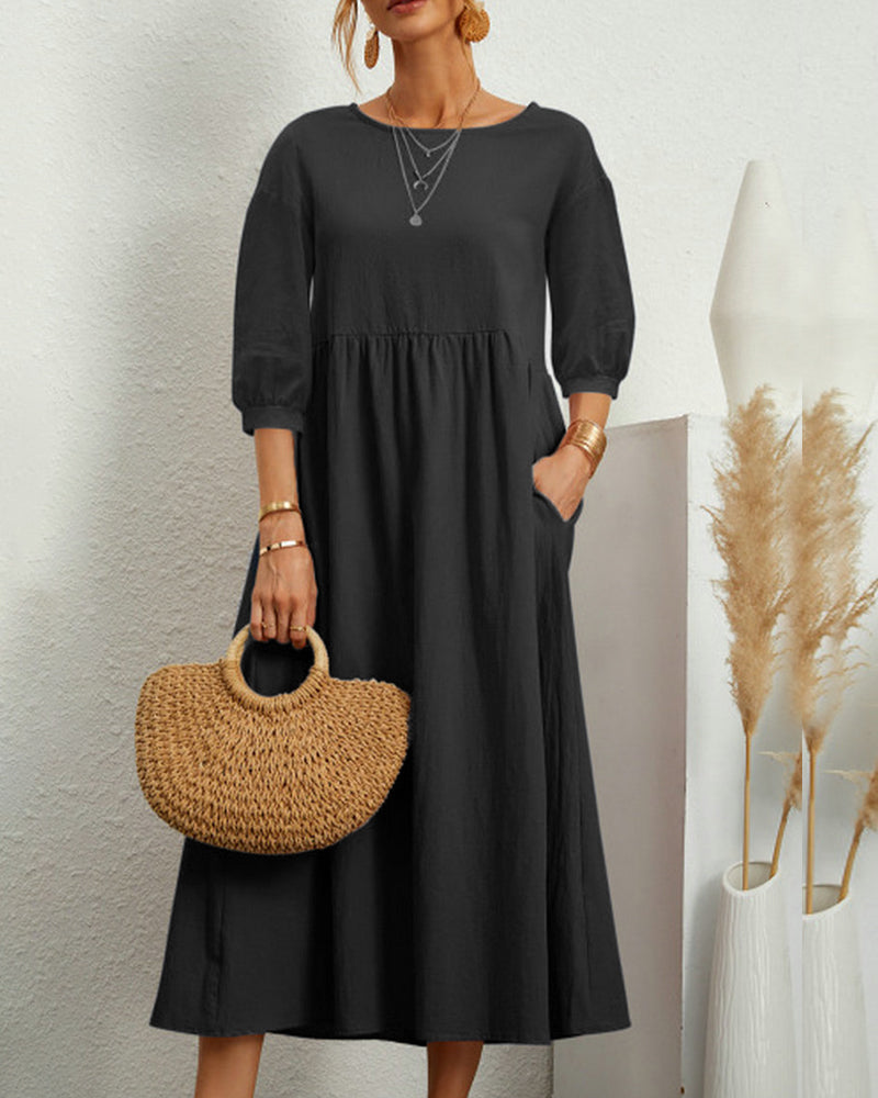 Tiana | Dames Midi-jurk van katoen en linnen - Ballonmouwen, Casual Boho Chic Jurk
