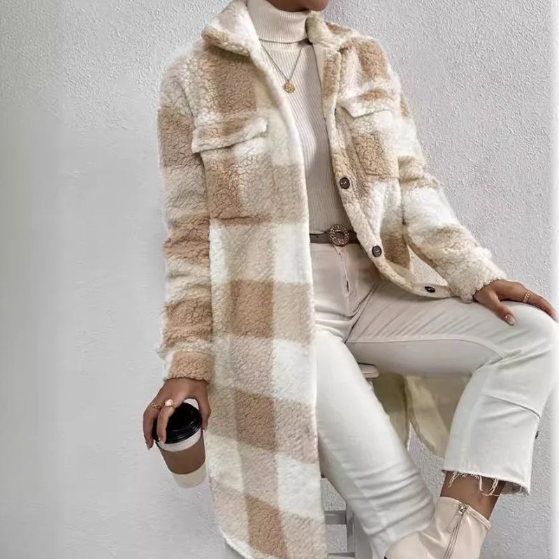 Veronica | Dames jas met ruitjesmotief – oversized pasvorm, knoopsluiting, zachte herfstjas