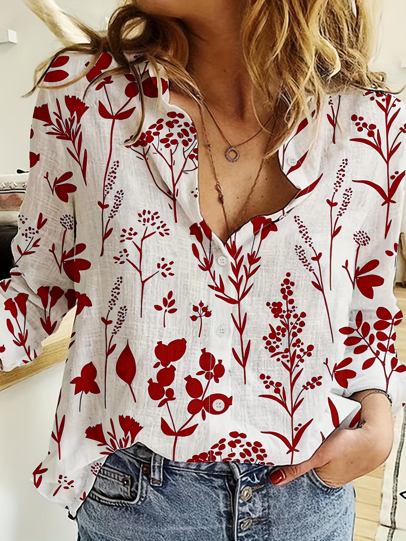 Velmira | Vrouwenhemd met bloemenprint en knoopsluiting - Lange mouwen, casual, reverskraag