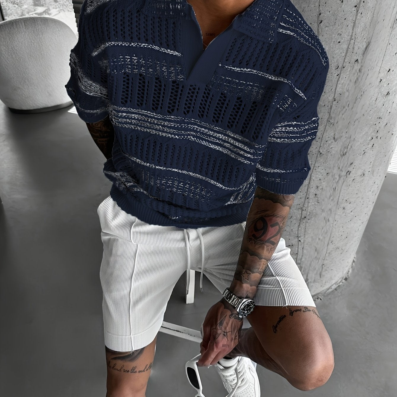 Aemon | Gebreid poloshirt voor heren - casual streetwear met korte mouwen en uitgesneden ontwerp,