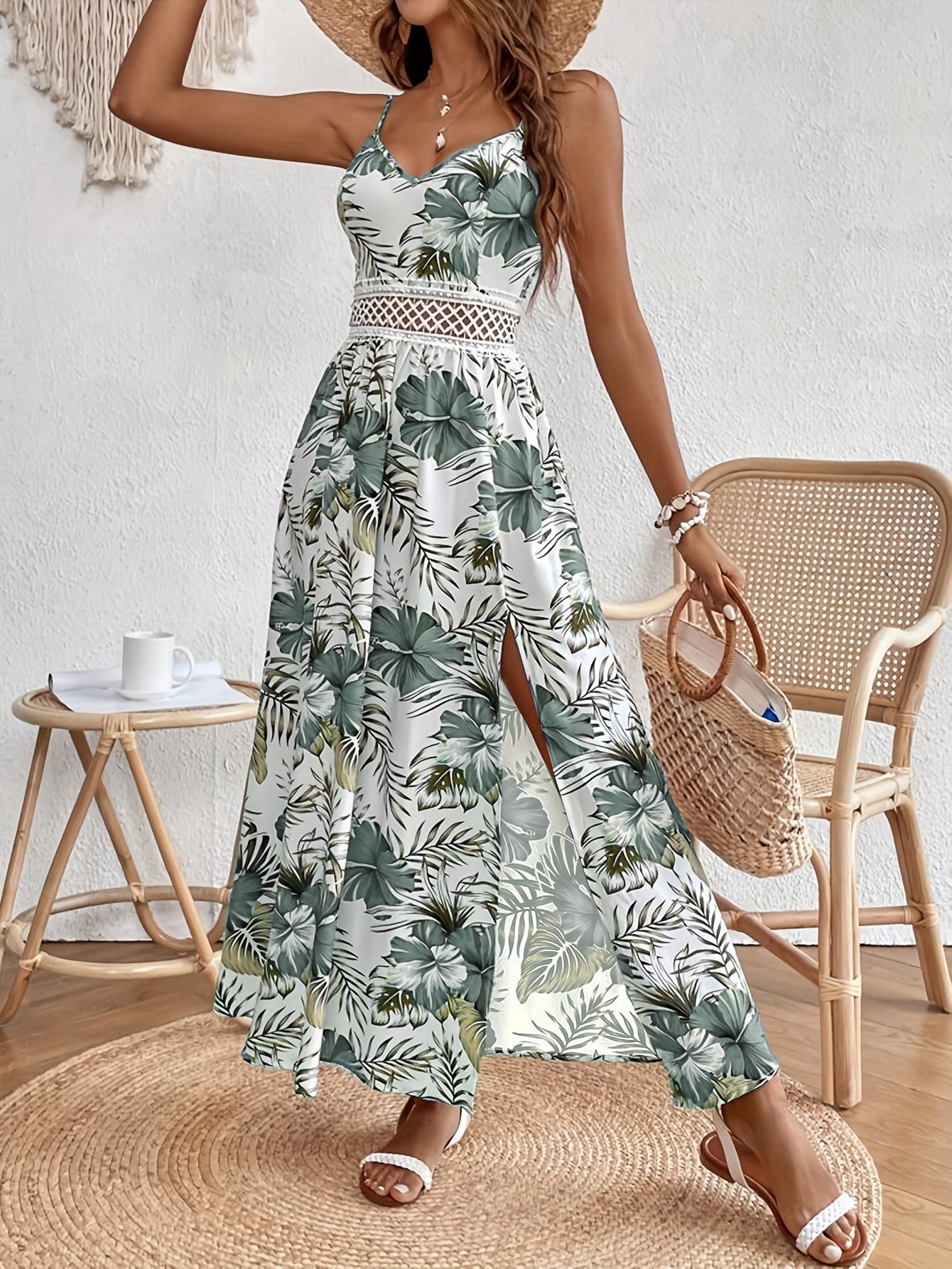 Helma | Spaghettibandjurk met bloemenprint - Elegante Splitjurk zonder mouwen voor vrouwen
