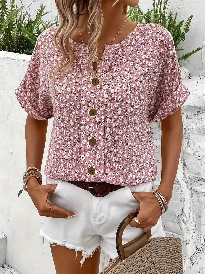 Lucrezia | Dameshemd met bloemenprint en korte mouwen - Stijlvolle top