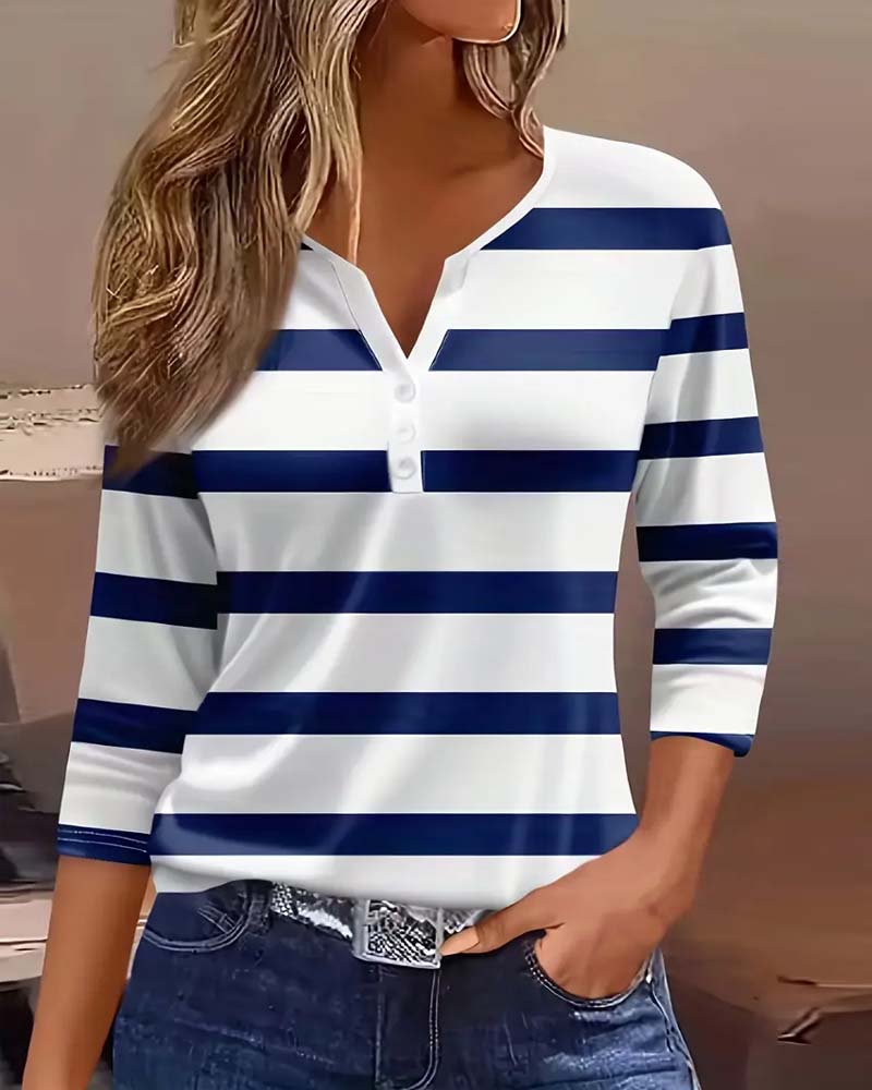 Theresia | Damesblouse met 3/4 mouwen, strepen en V-hals – Lichtgewicht herfstblouse