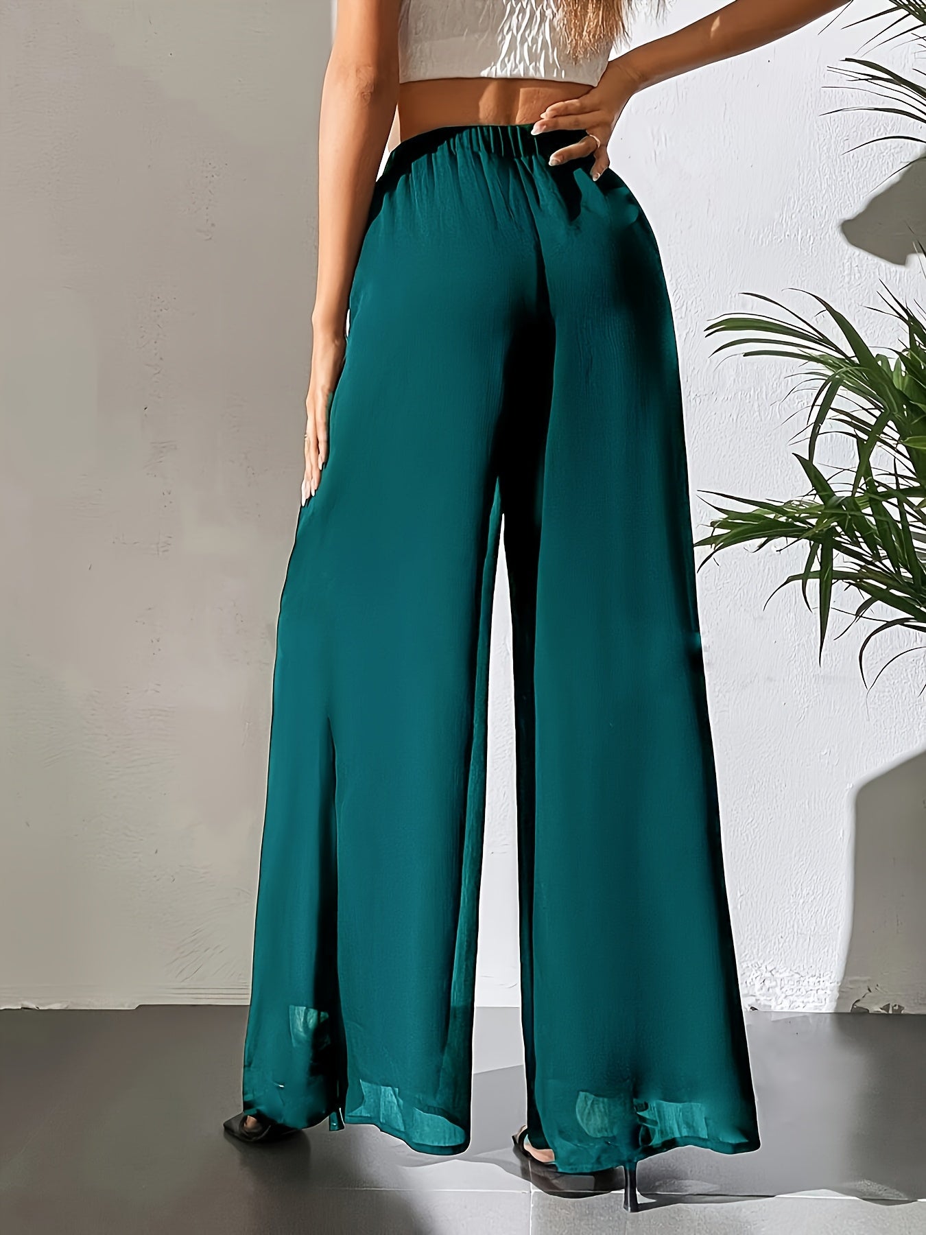 Maurelle | Hoge taille chiffon broek met wijde pijpen voor dames – Uitlopend, transparante mesh overlay