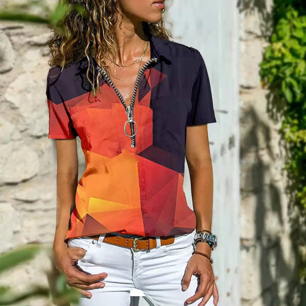 Zandria | Dames-T-shirt met korte mouwen en halve rits - Lichtgewicht top met levendige print, actief & op reis