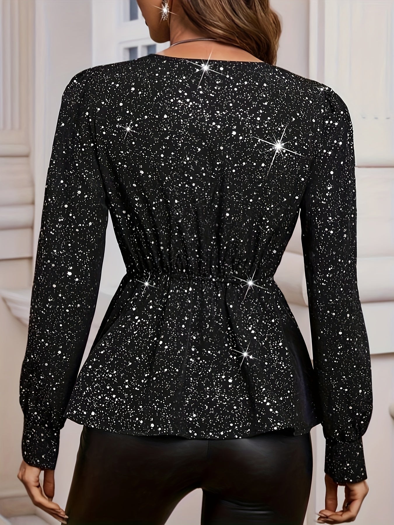 Verena | Damesblouse met pailletten en V-hals - Elegante top met lange mouwen en gerimpelde zoom