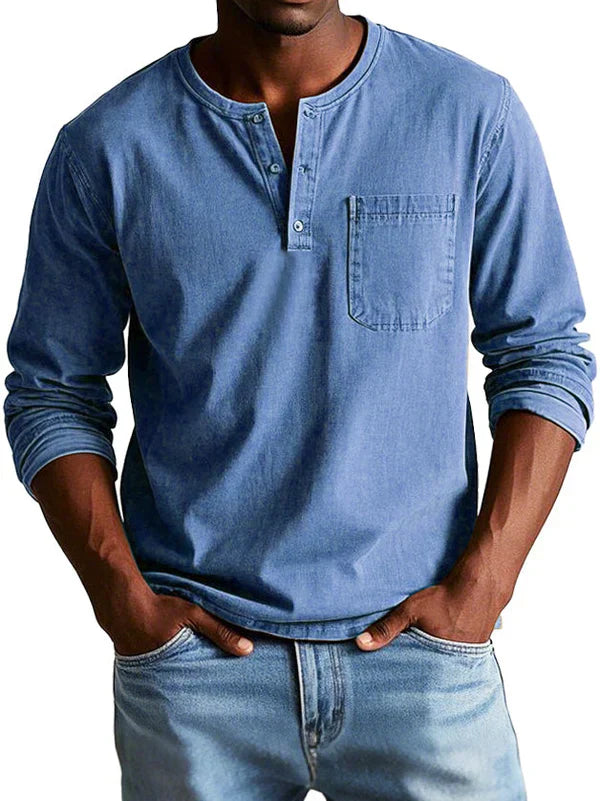 Bronic | Heren Vintage shirt met lange mouwen - Ronde hals, halve knoopsluiting, gewassen casual shirt