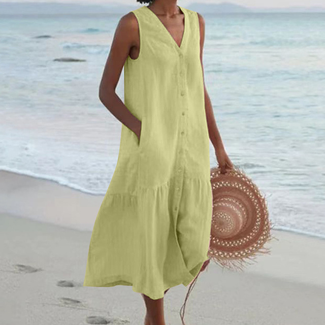 Oressa | Mouwloze Linnen Midi Jurk - Ademende, Button-Down, Lichtgewicht, Comfortabel & Luchtig Jurk