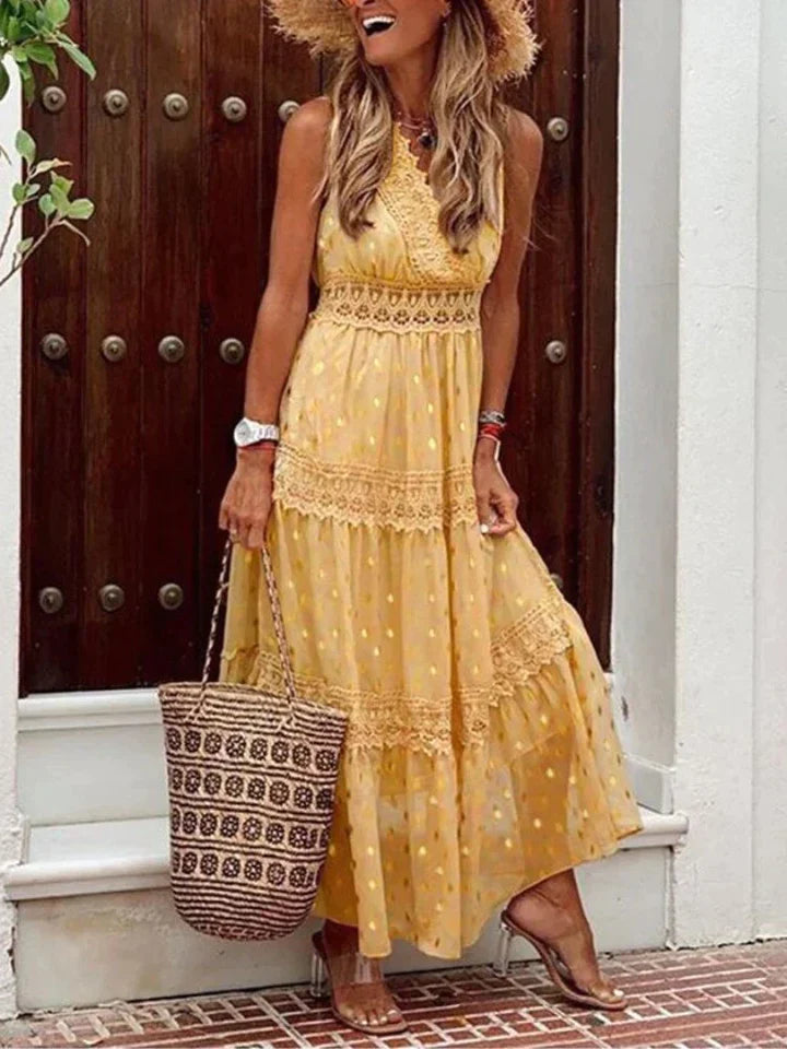 Vesta | Elegante Mouwloze Boho Kanten Jurk - Lang, Vrouwelijk & Trendy