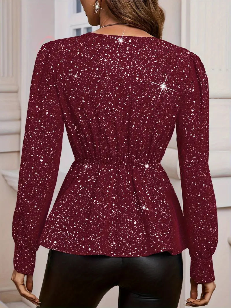 Verena | Damesblouse met pailletten en V-hals - Elegante top met lange mouwen en gerimpelde zoom