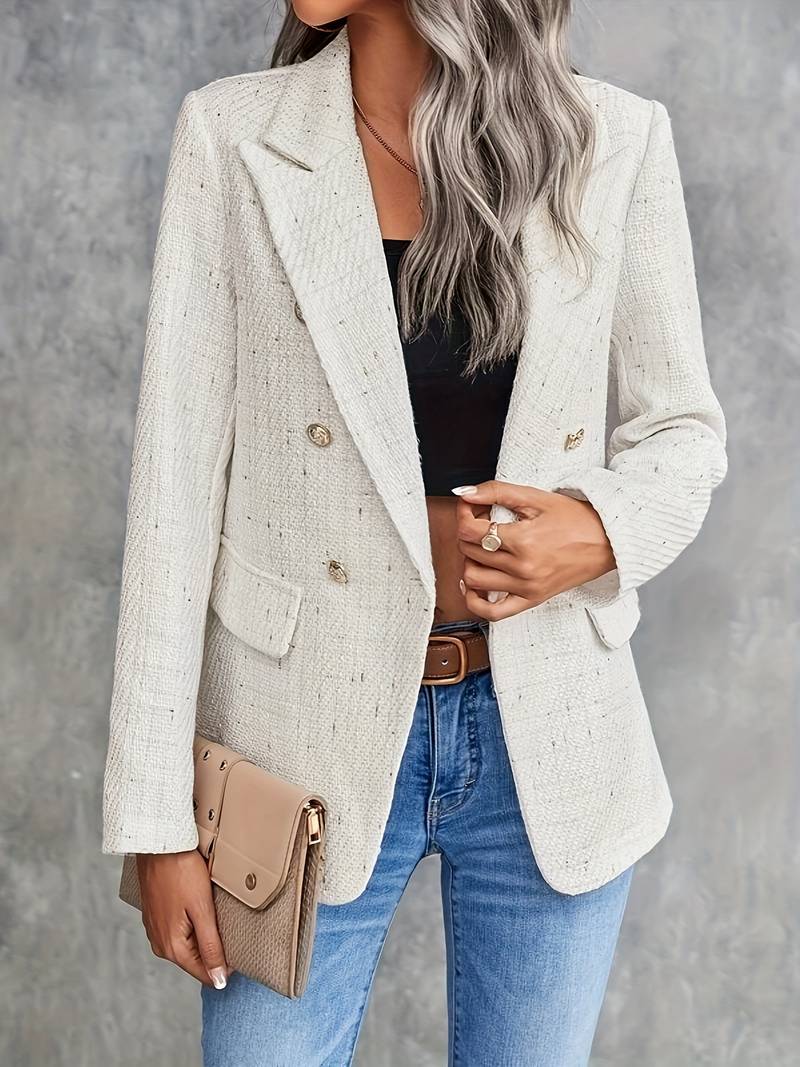 Virenelle |  Beige double-breasted blazer met textuur voor dames – gouden knopen, getailleerde pasvorm, elegante jas