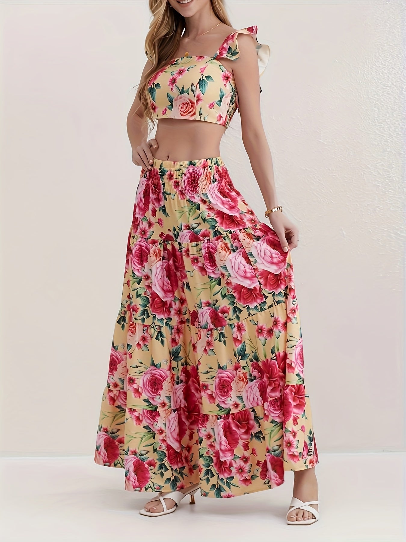 Uletta | Tweedelige set met bloemenprint, top en rok met ruches