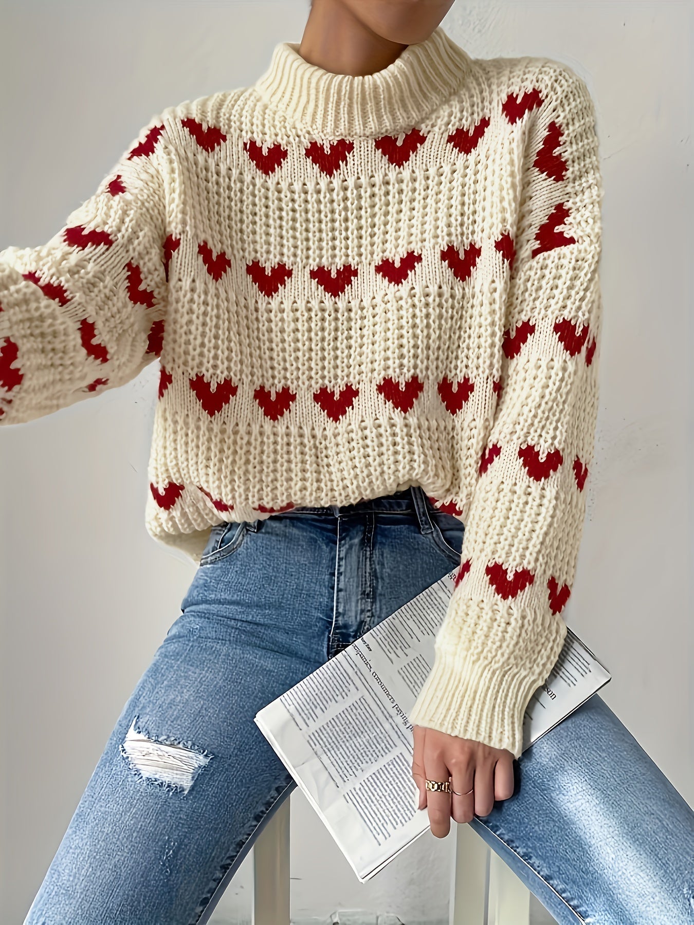 Irindra | Gebreide trui met hartpatroon - Hoge hals, Pullover met lange mouwen voor herfst-winter casual kleding