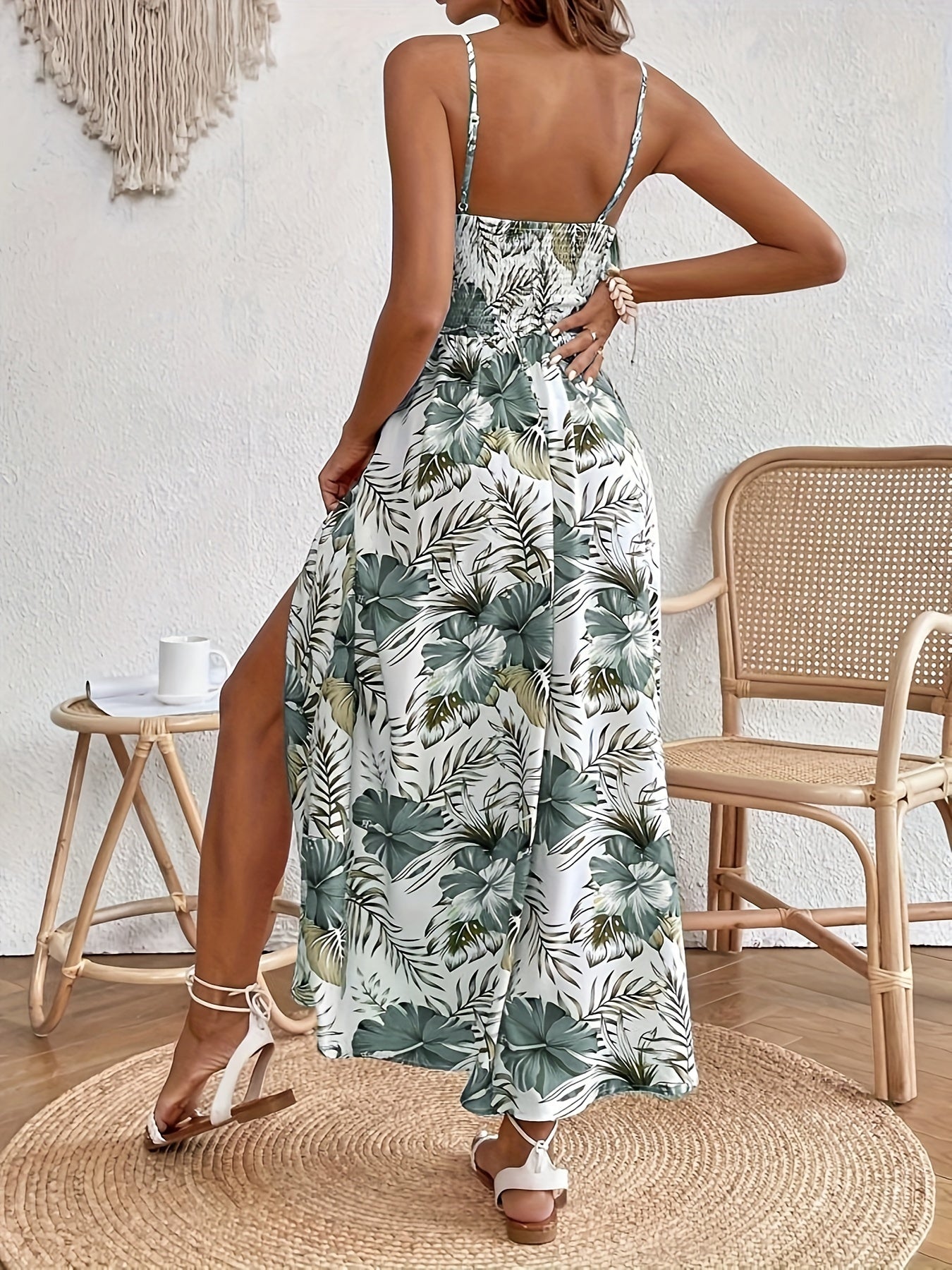 Helma | Spaghettibandjurk met bloemenprint - Elegante Splitjurk zonder mouwen voor vrouwen