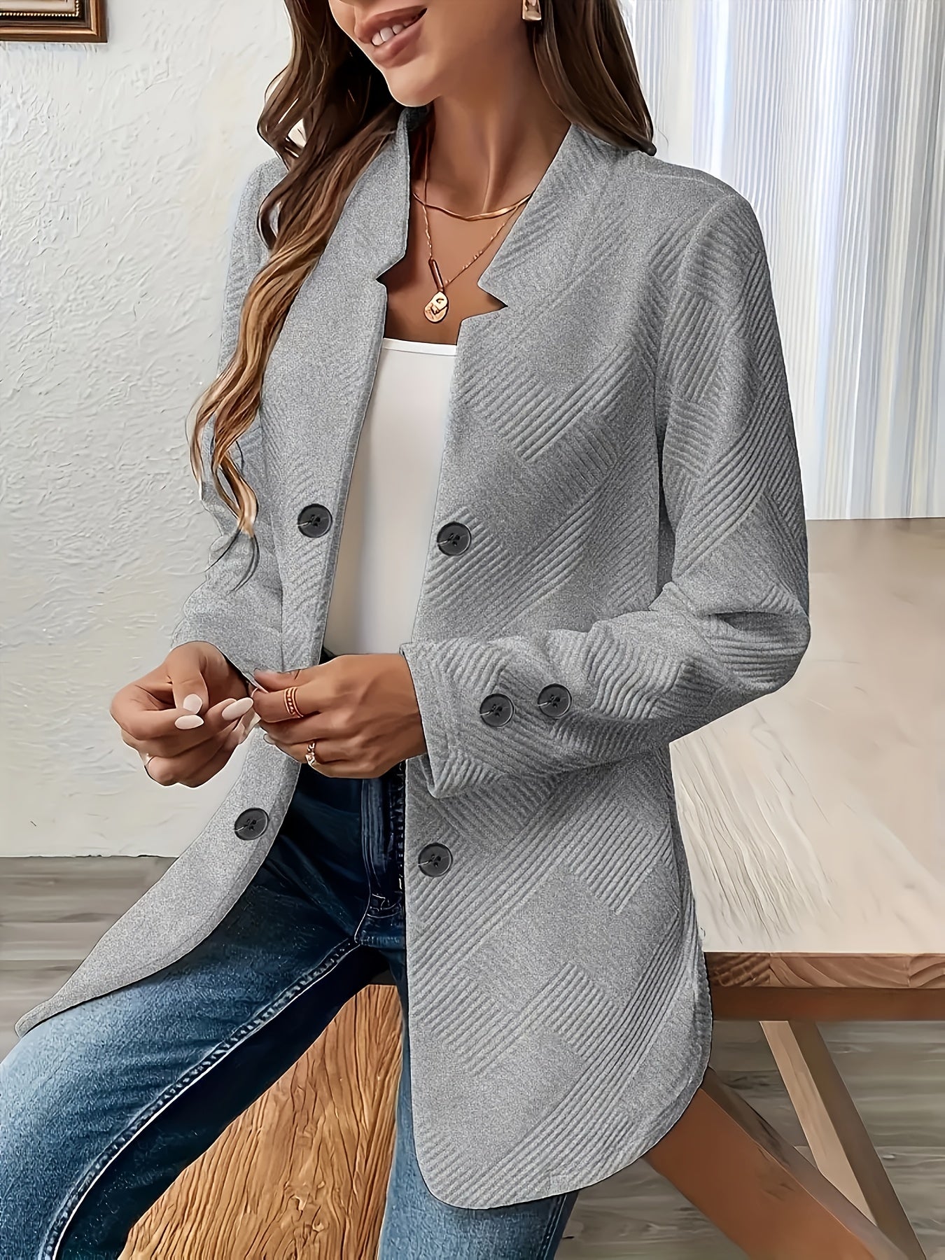 Sylaris | Casual lang damesvest - jas met knoopsluiting, gebreide structuur, stijlvolle laagjesjas