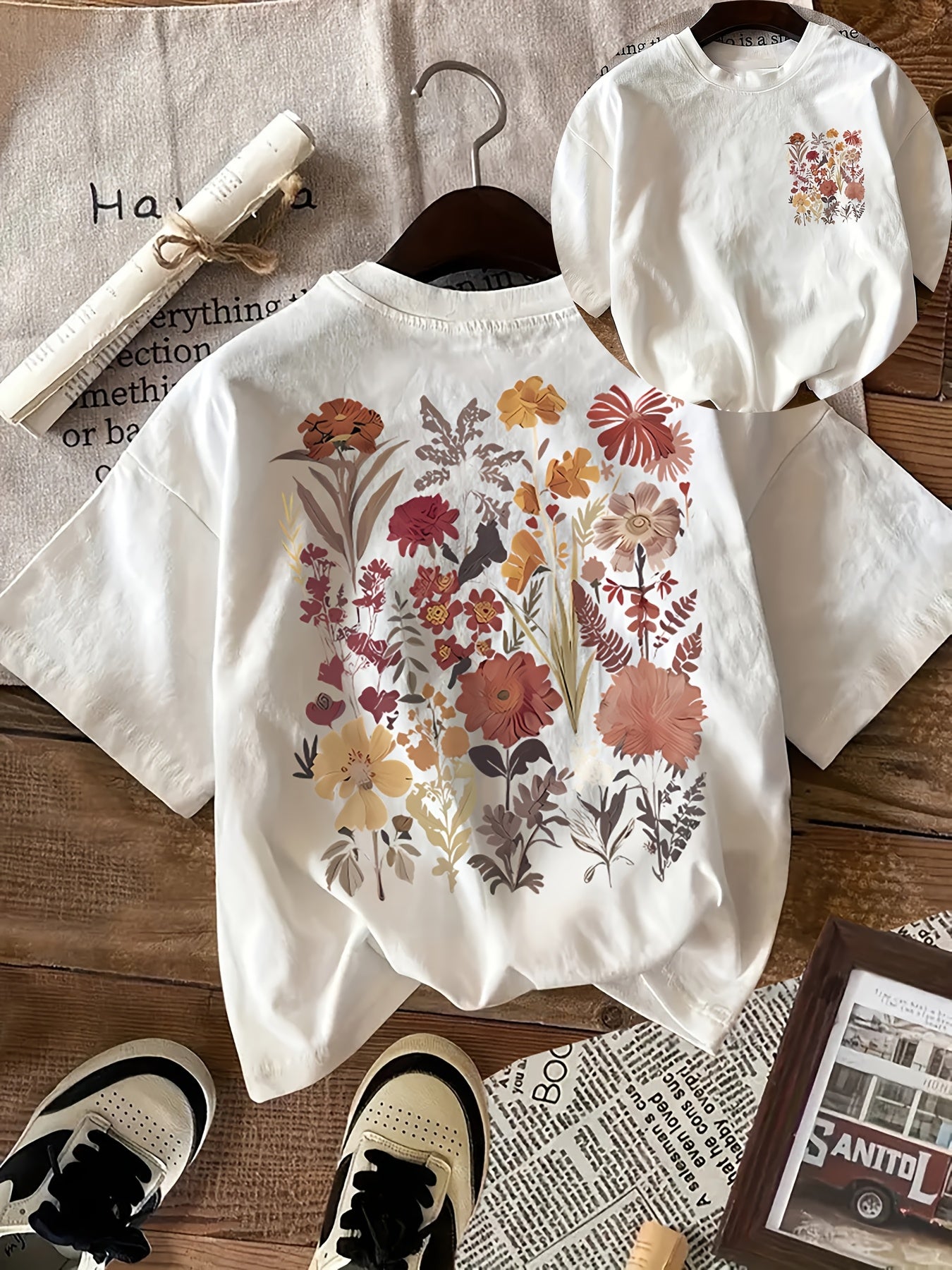 BotaniTee | Gebloemd grafisch T-shirt - Korte mouwen, ronde hals, casual katoenen T-shirt