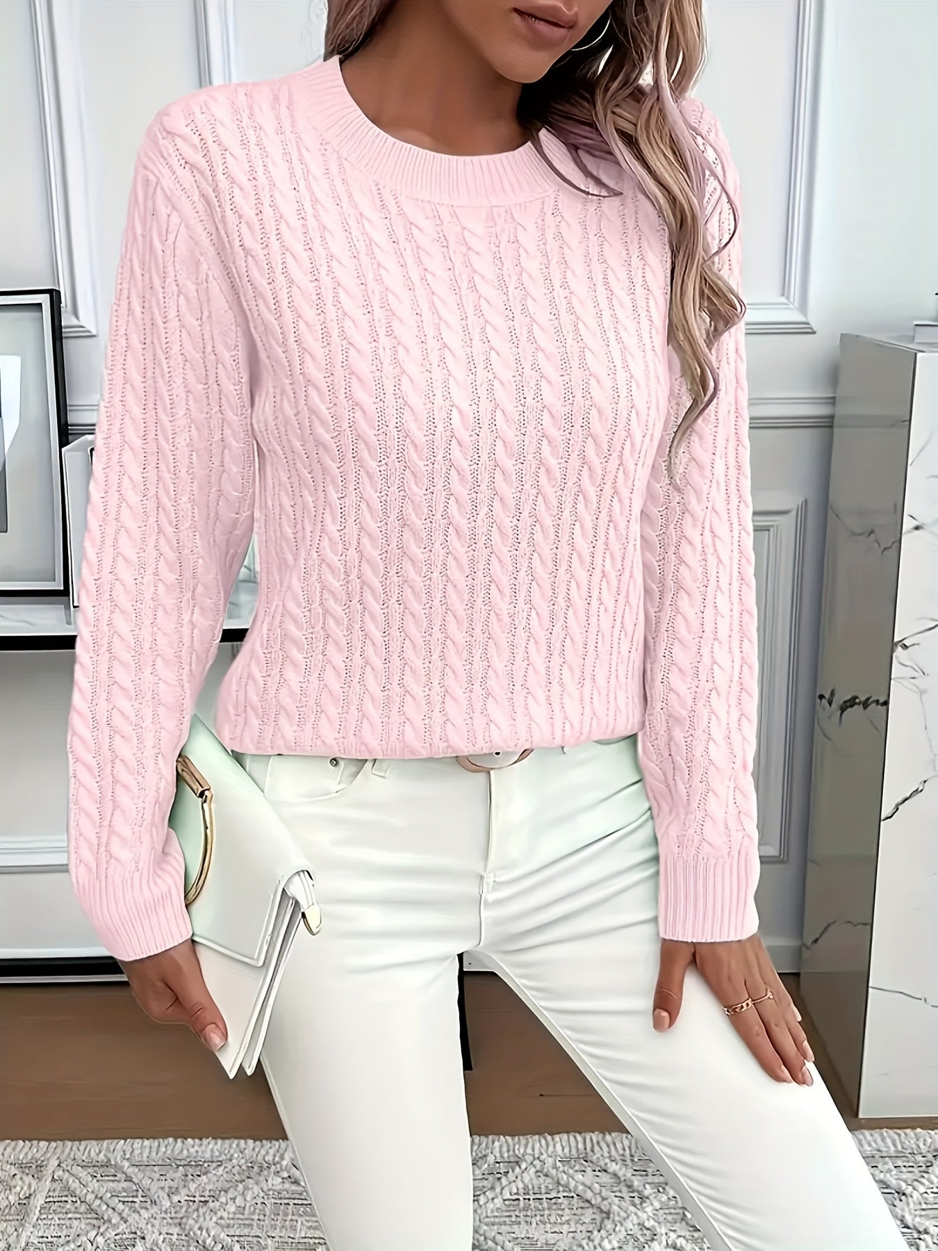 Valeris | Dames trui met kabeltjes en ronde hals – Elegante effen pullover, zacht en geschikt voor alle seizoenen