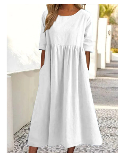 Noora | Klassieke katoen-linnen jurk met korte mouwen en zakken - Zomer Casual Midi