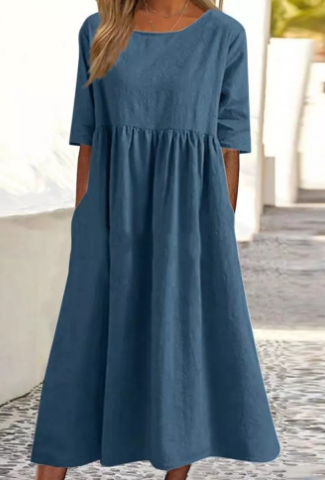 Noora | Klassieke katoen-linnen jurk met korte mouwen en zakken - Zomer Casual Midi