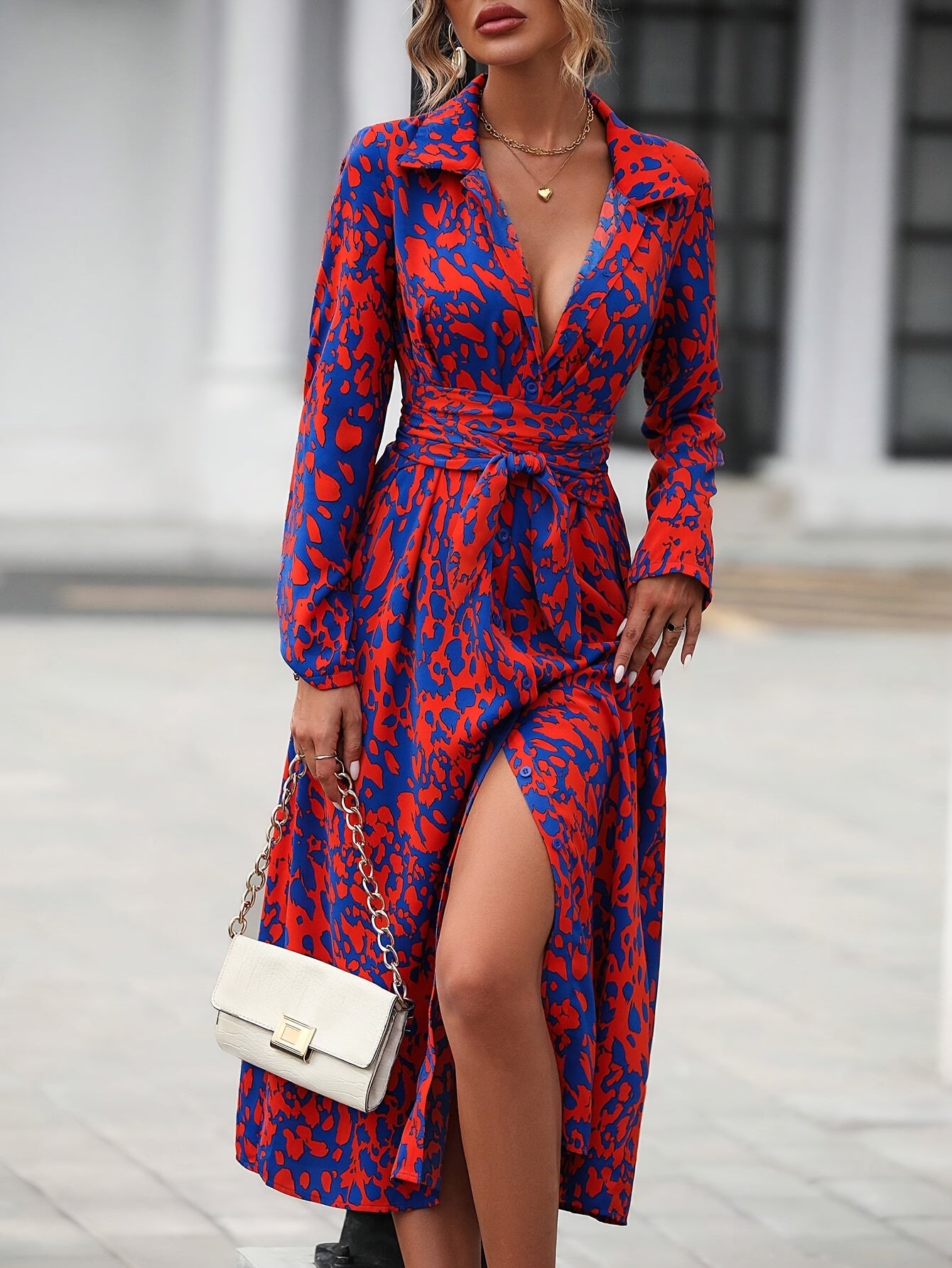 Solvita | Elegante overhemdjurk met geometrische print - Midi tuniek met tailleband