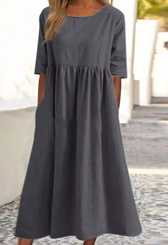 Noora | Klassieke katoen-linnen jurk met korte mouwen en zakken - Zomer Casual Midi