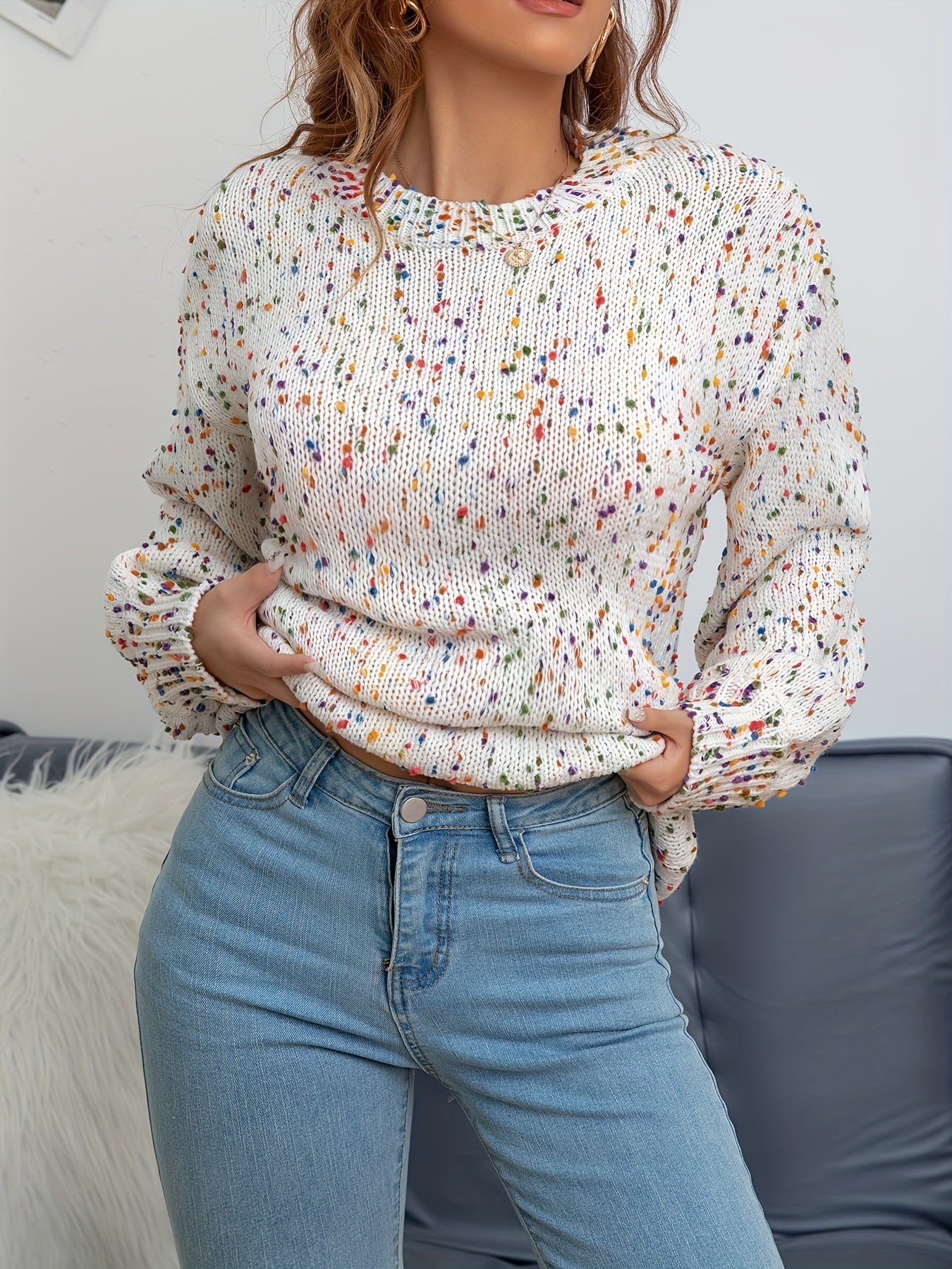 Noryssa | Minimalistische gebreide trui met confetti-print, ronde hals - Knusse Herfst Winter Trui voor vrouwen