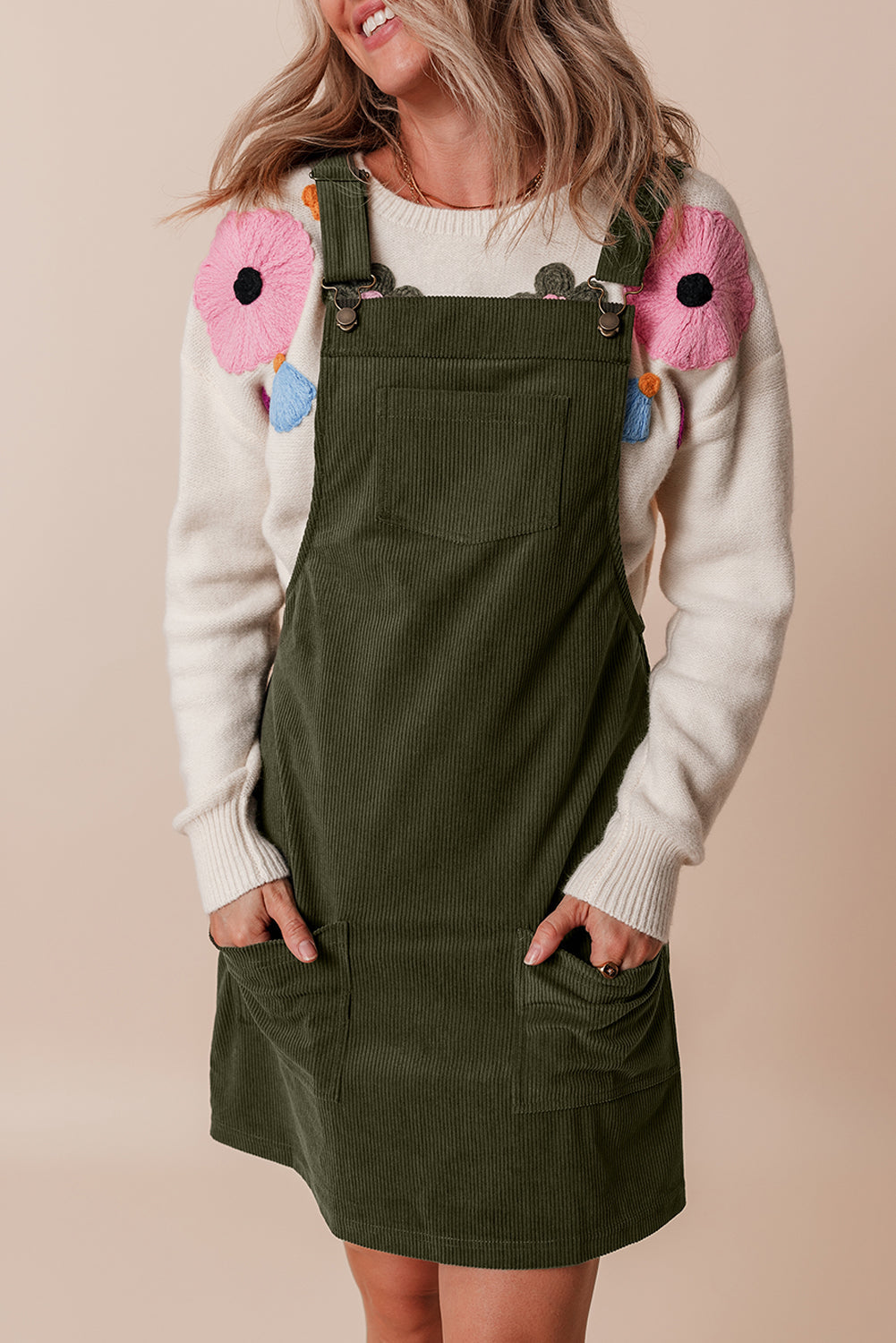 Vionessa | Dames Mini Corduroy Overall Jurk - Mouwloze Dungaree met Zakken Aan De Voorkant