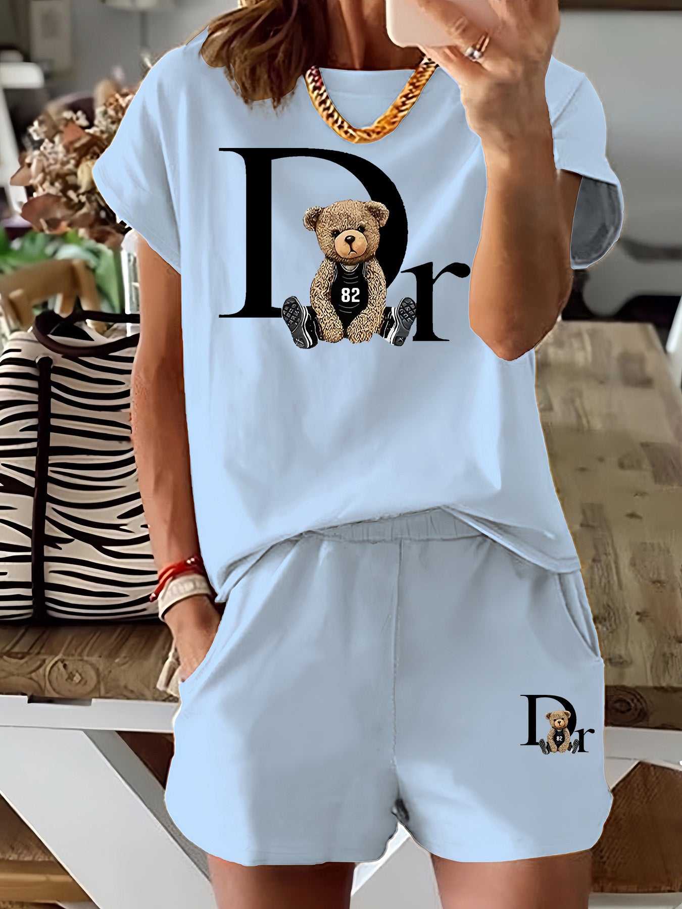 Delora | Dames 2-delige set met grafische print - T-shirt met korte mouwen & koordshort