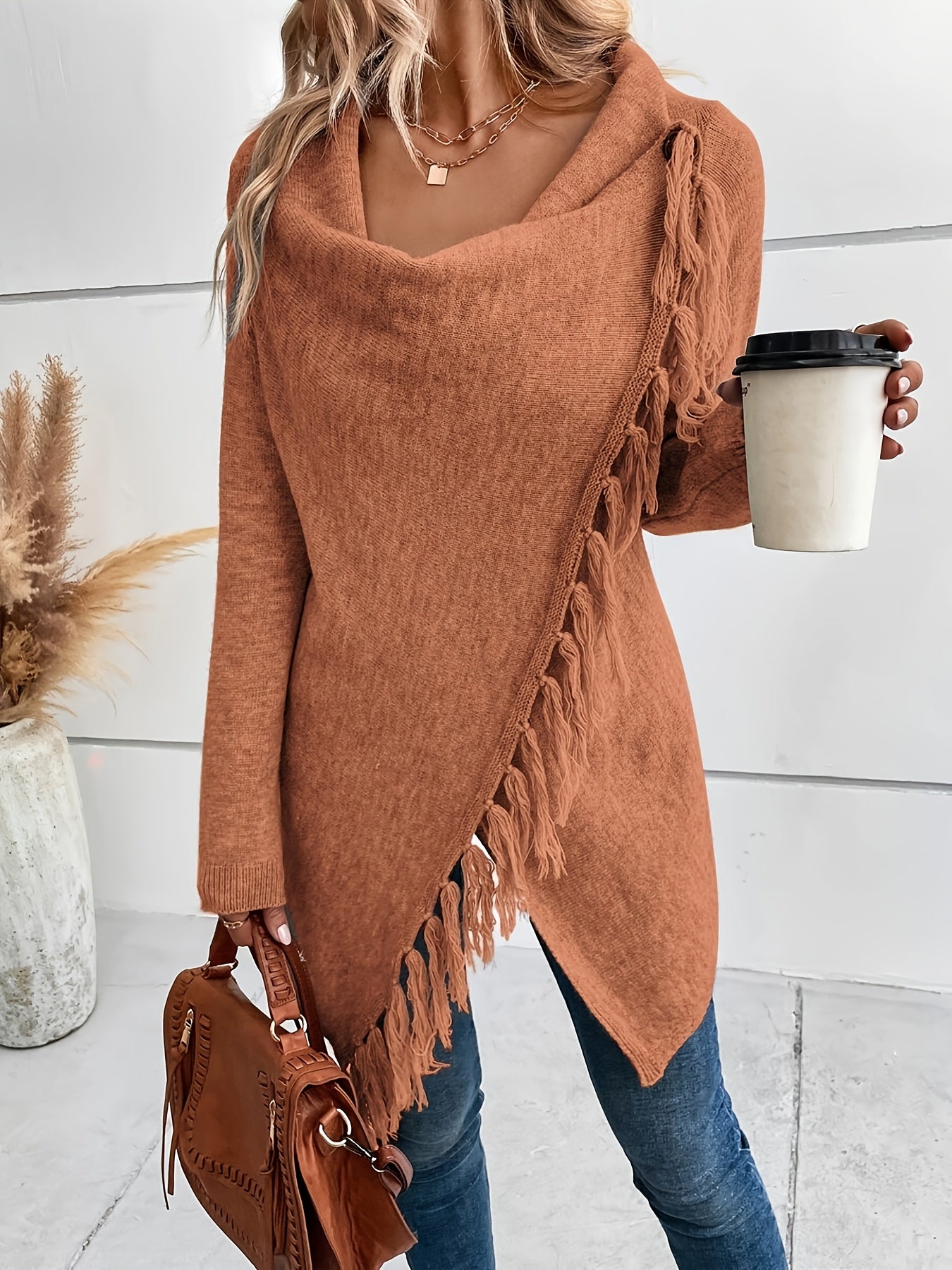 Wenja | Dames sjaal met franjes en kwastjes – Elegante gedrapeerde sjaal voor herfst- en winteroutfits